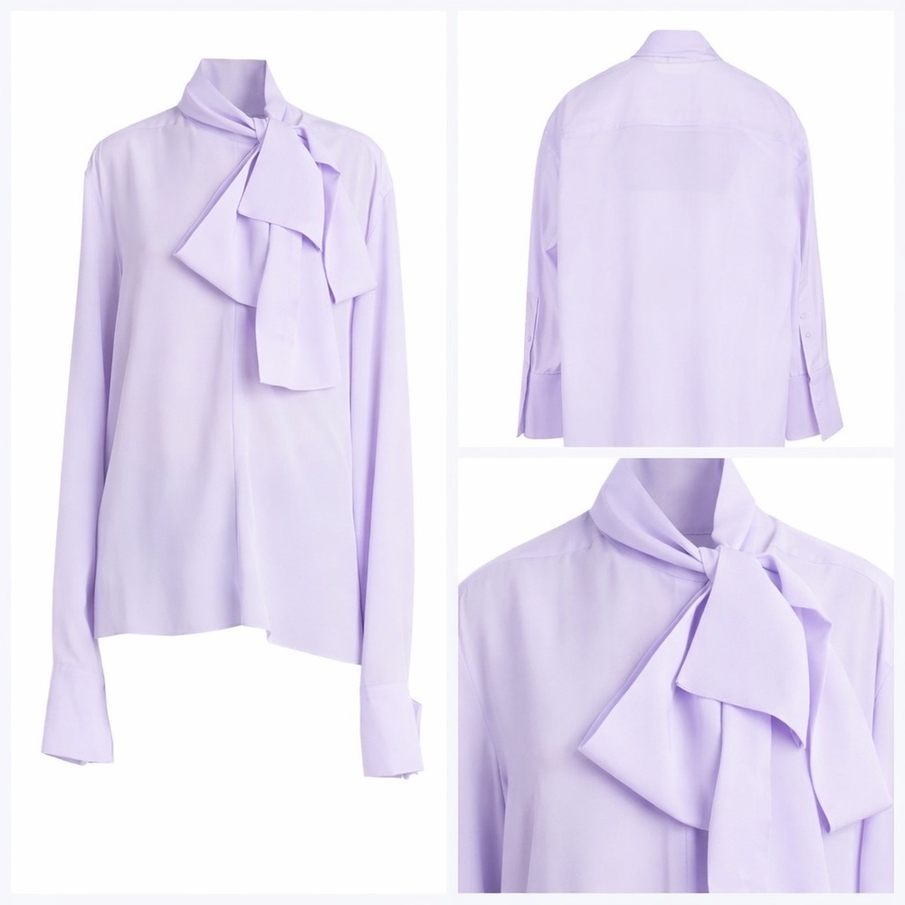 GIVENCHY Blouse in Mauve Purple Scarf Neck Bow Button Cuffs V Neck 100% Silk 38 - Picture 3 of 9